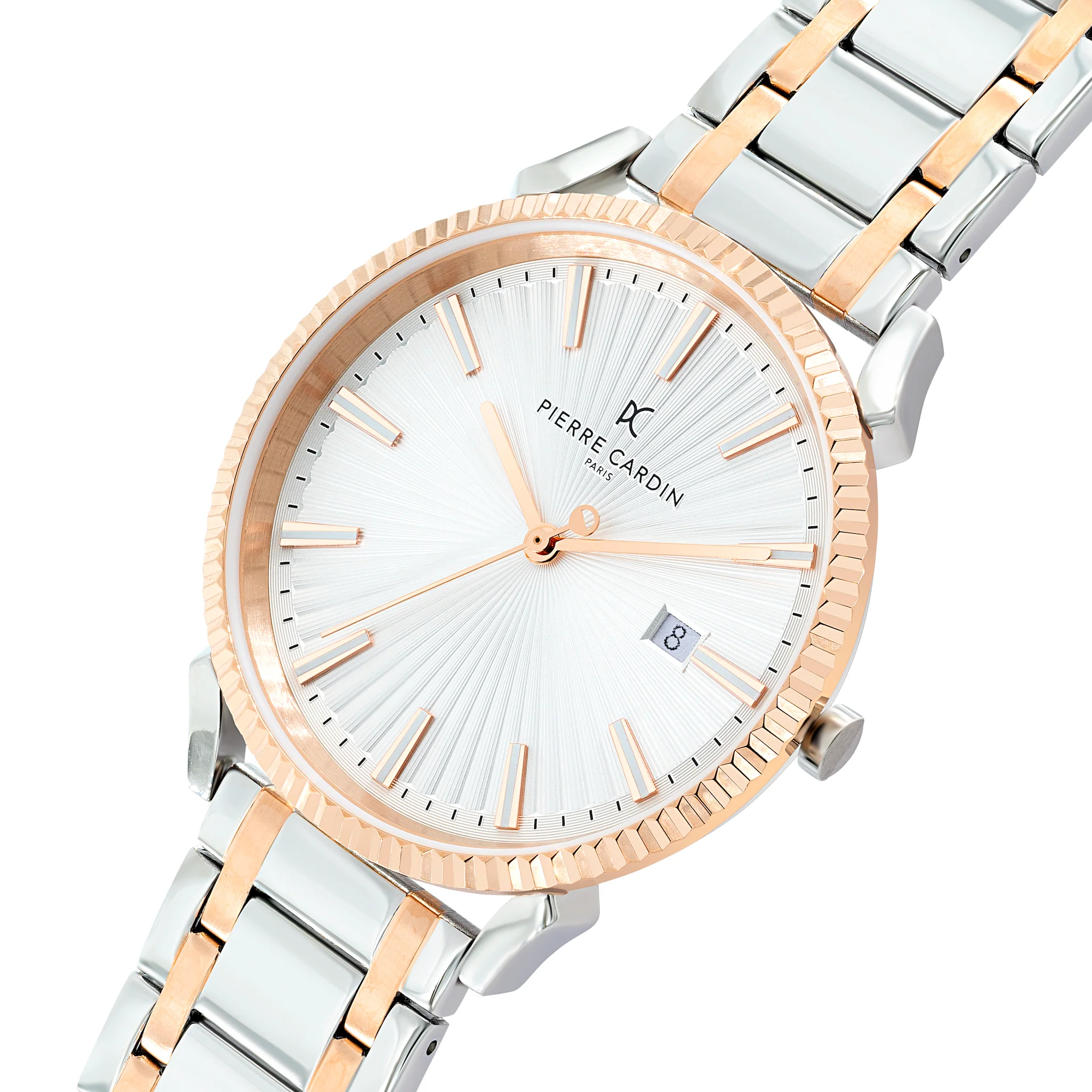 Pigalle Two Tone Metal Link Watch in Rose Gold and Silver with Fluted Bezel and Silver Dial - Image 3