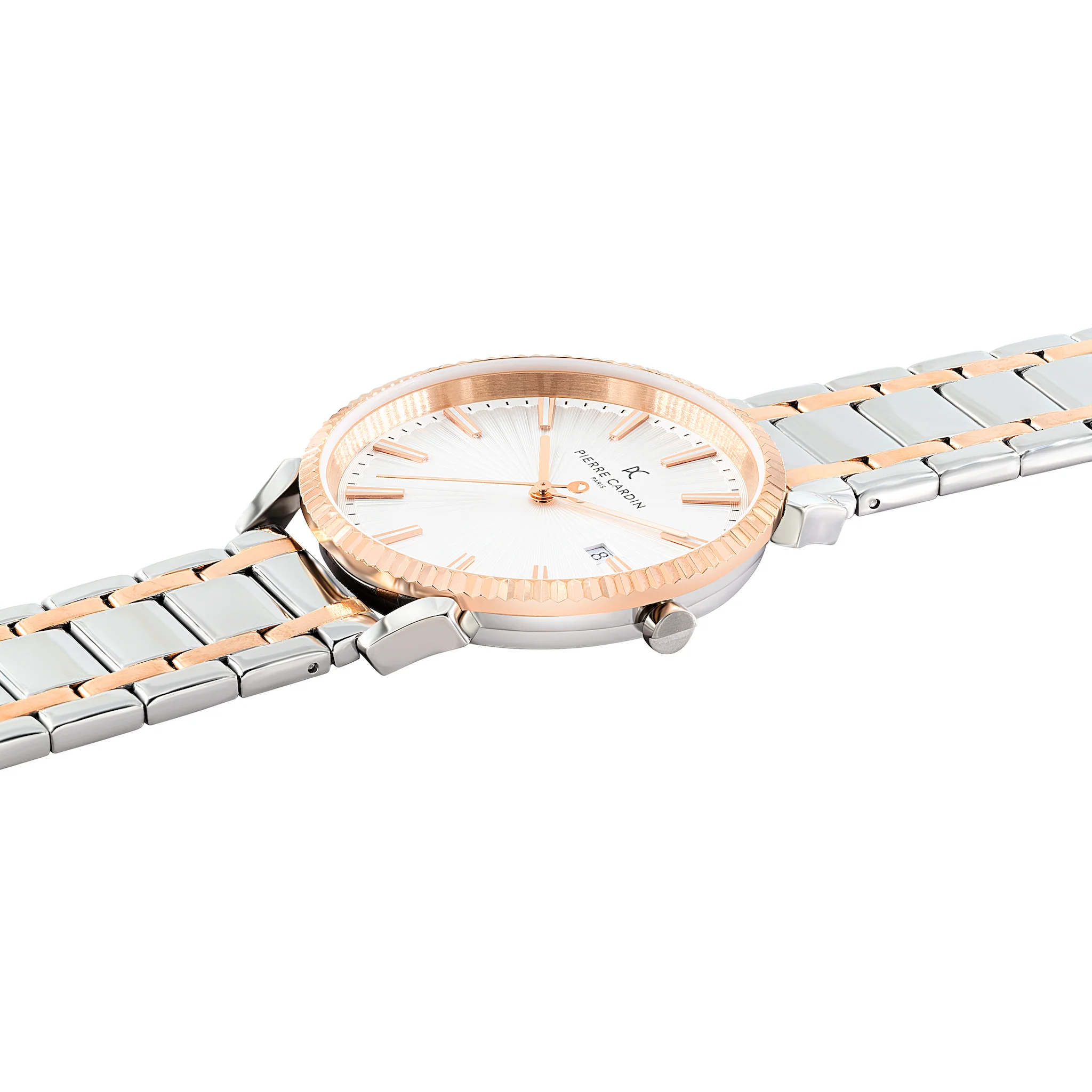Pigalle Two Tone Metal Link Watch in Rose Gold and Silver with Fluted Bezel and Silver Dial - Image 4
