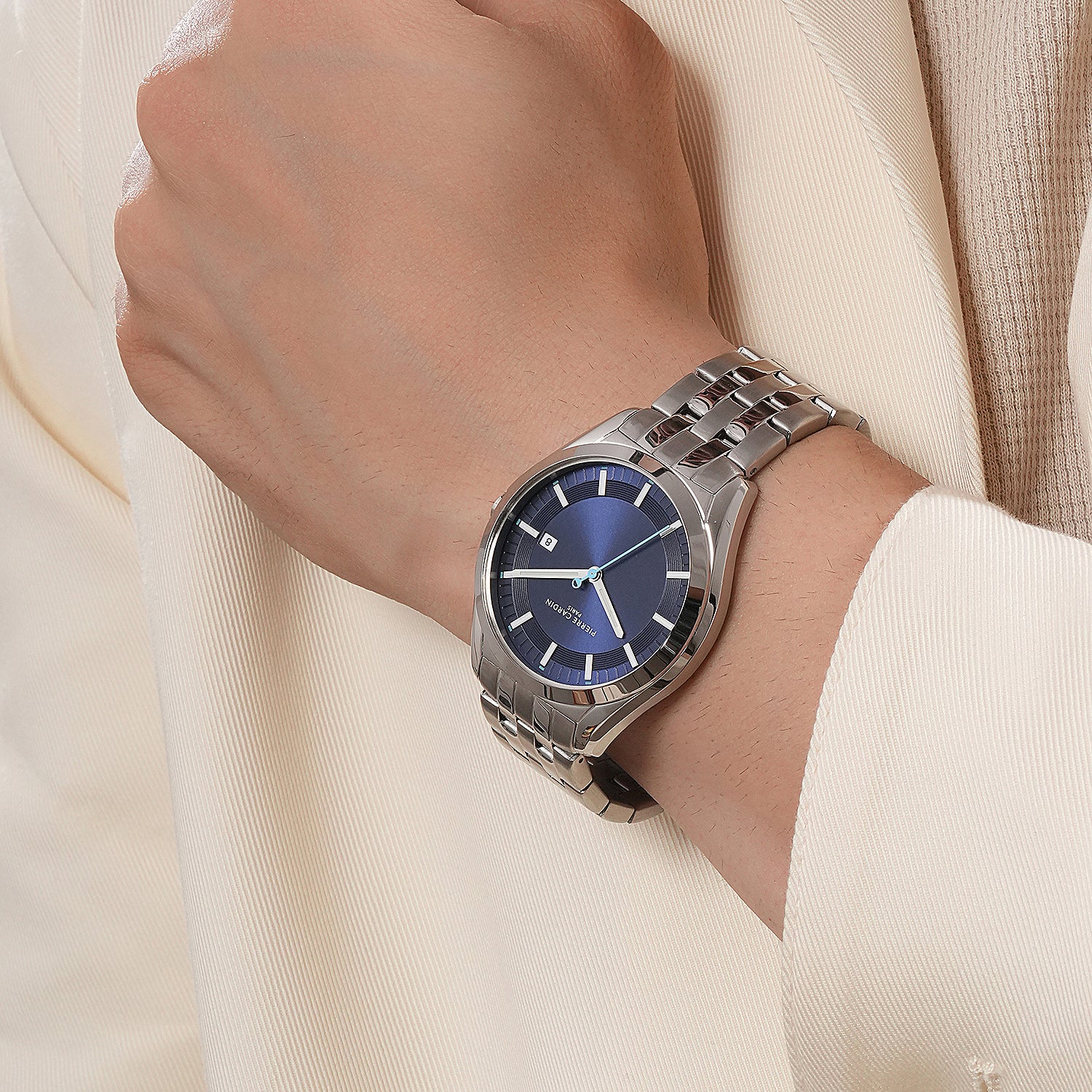 Vaugirard Aréne Men’s 42mm Classic Watch - Silver Case, Blue Dial with Silver Metal Strap - Image 7