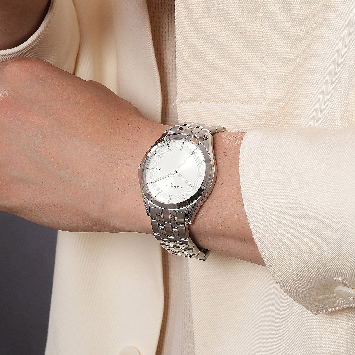 Vaugirard Aréne Men’s 42mm Classic Watch - Silver Case, Silver Dial with Silver Metal Strap - Image 7