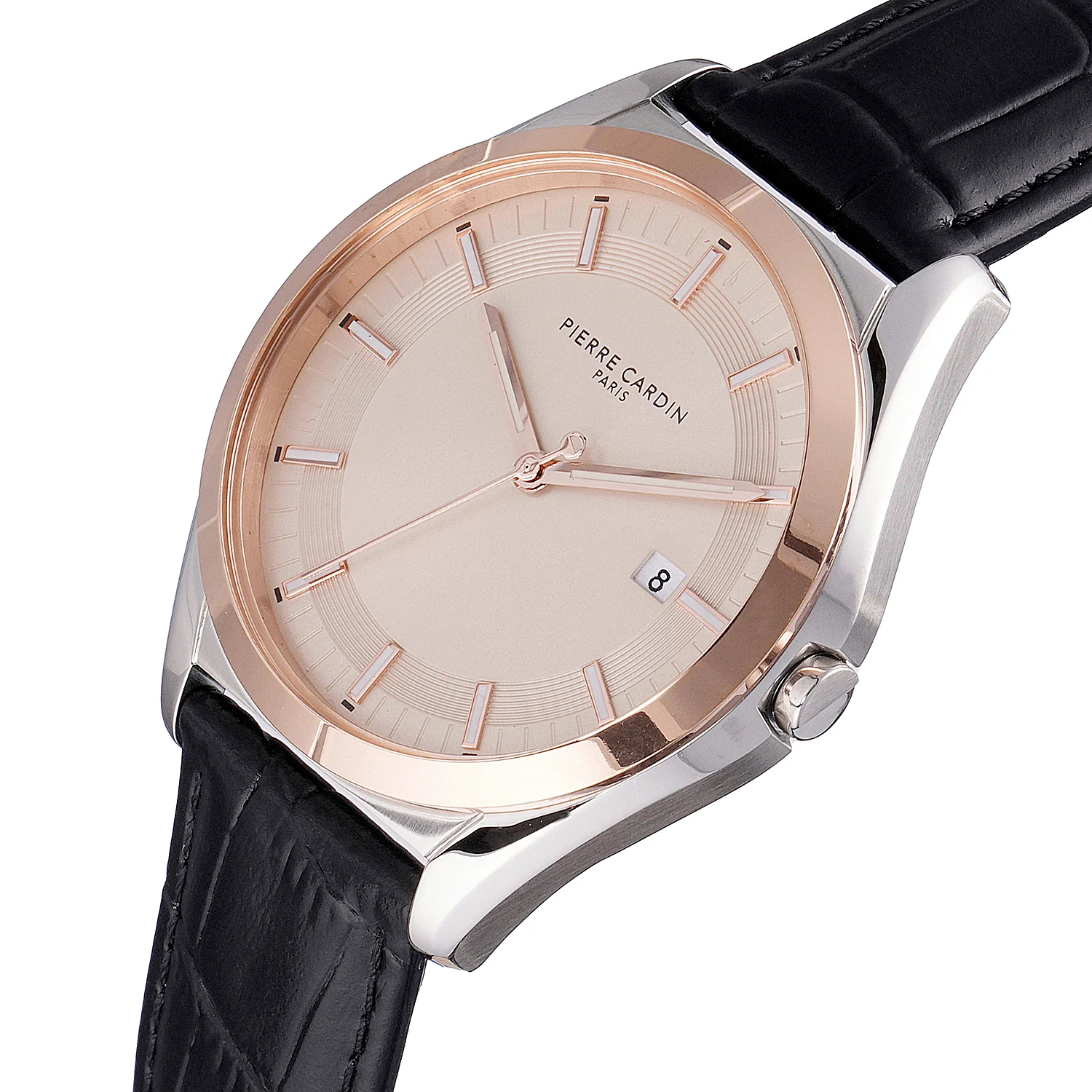 Vaugirard Aréne Men’s 42mm Classic Watch - Two-Tone Rose Gold & Silver Case, Salmon Dial with Black Leather Strap - Image 2