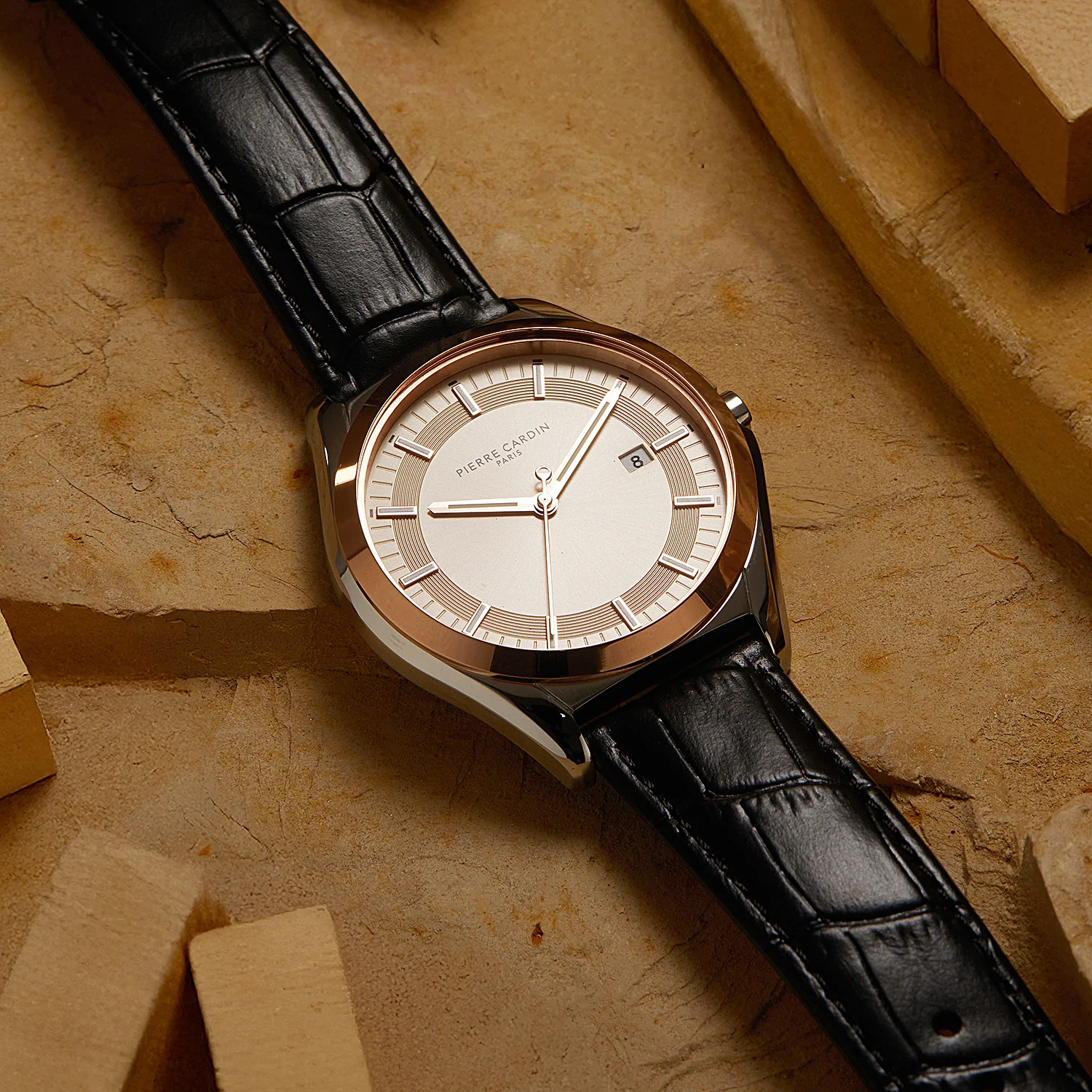 Vaugirard Aréne Men’s 42mm Classic Watch - Two-Tone Rose Gold & Silver Case, Salmon Dial with Black Leather Strap - Image 5
