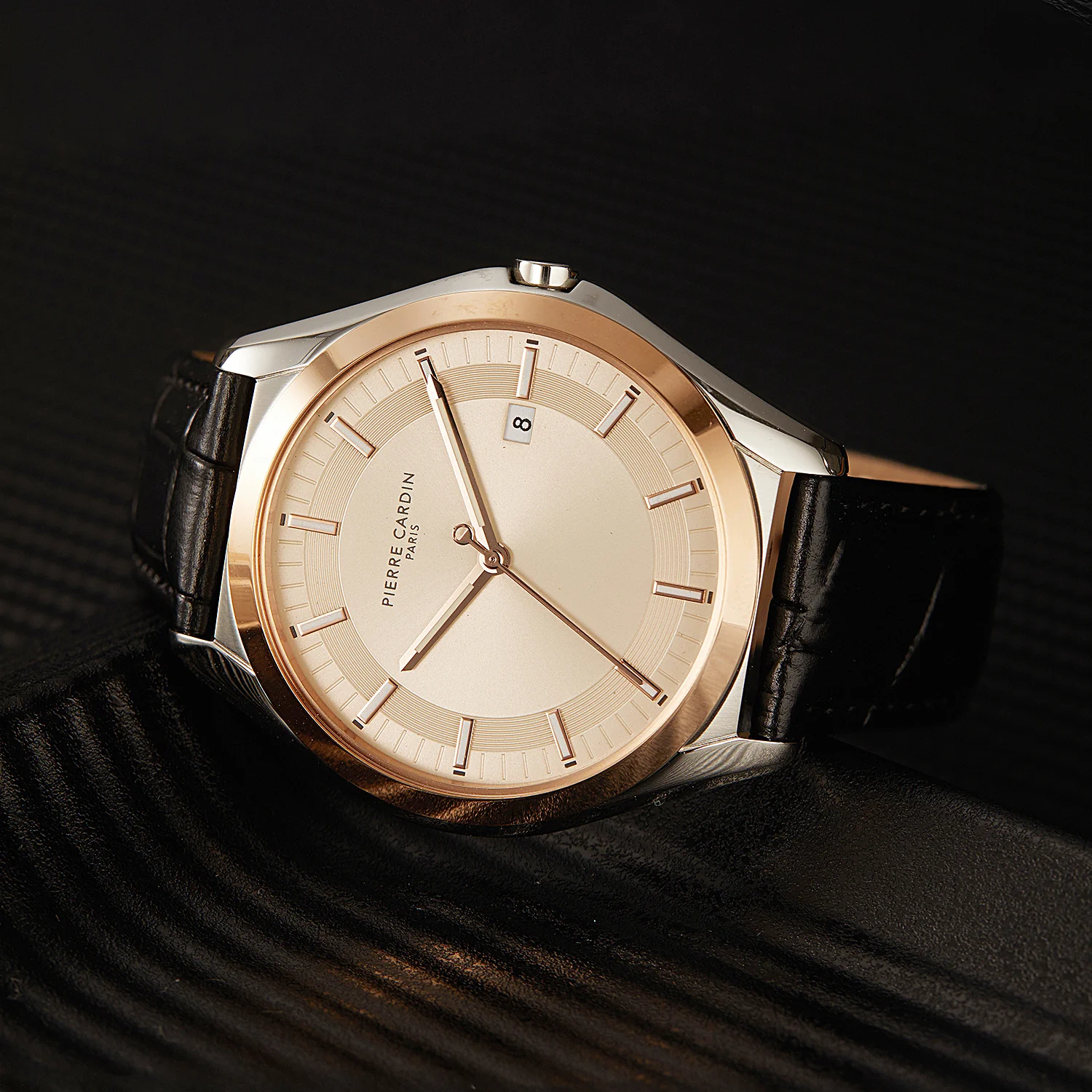 Vaugirard Aréne Men’s 42mm Classic Watch - Two-Tone Rose Gold & Silver Case, Salmon Dial with Black Leather Strap - Image 6