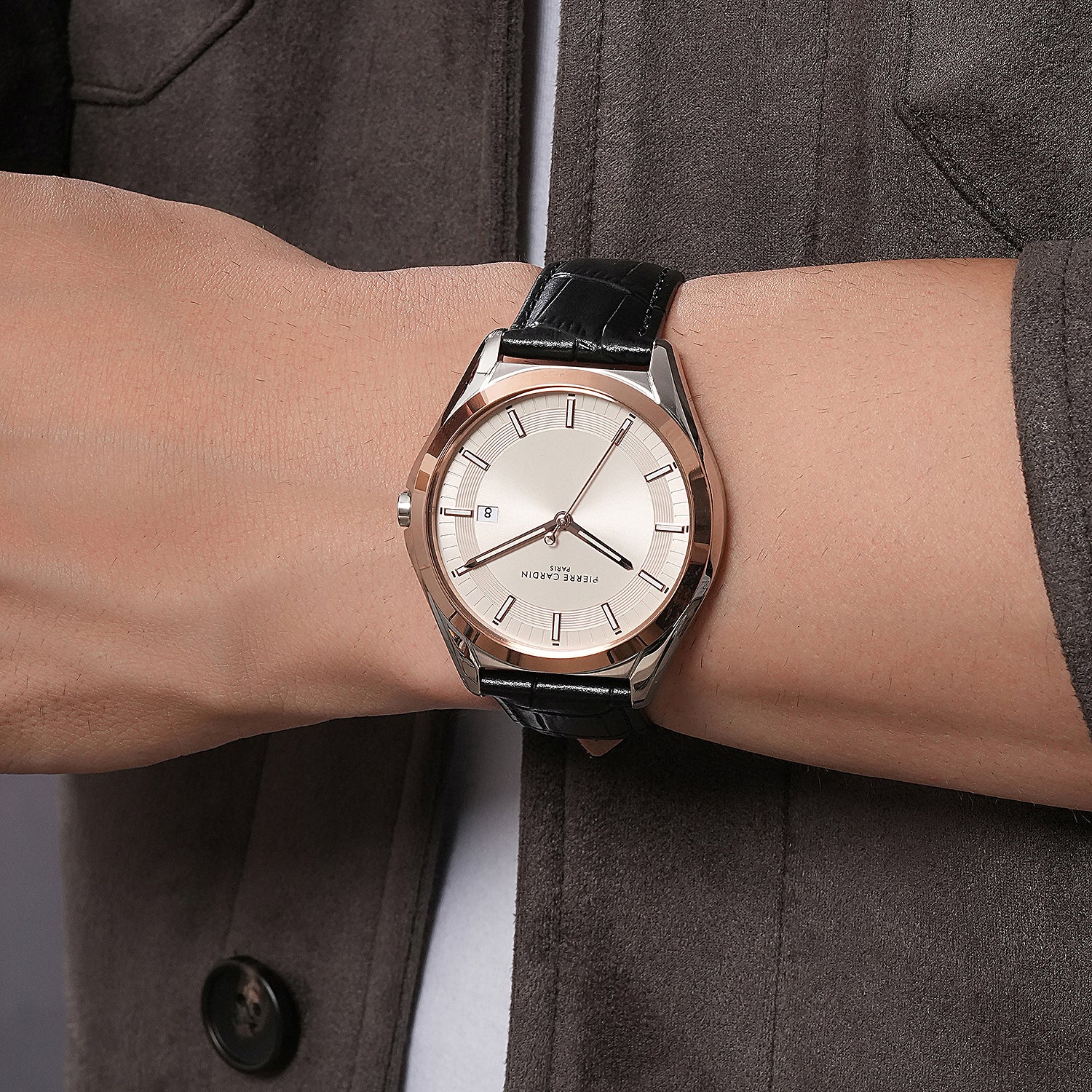 Vaugirard Aréne Men’s 42mm Classic Watch - Two-Tone Rose Gold & Silver Case, Salmon Dial with Black Leather Strap - Image 7